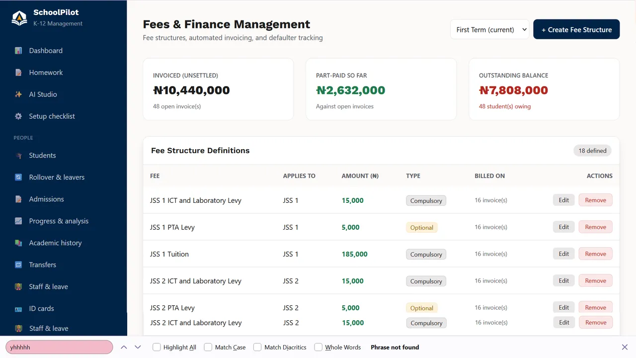 Fees screen listing invoices and outstanding balances by class