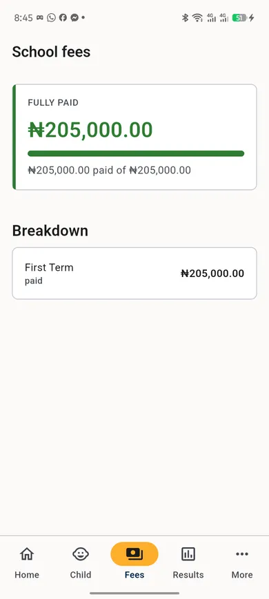 Parent app showing a child's term result and fee balance